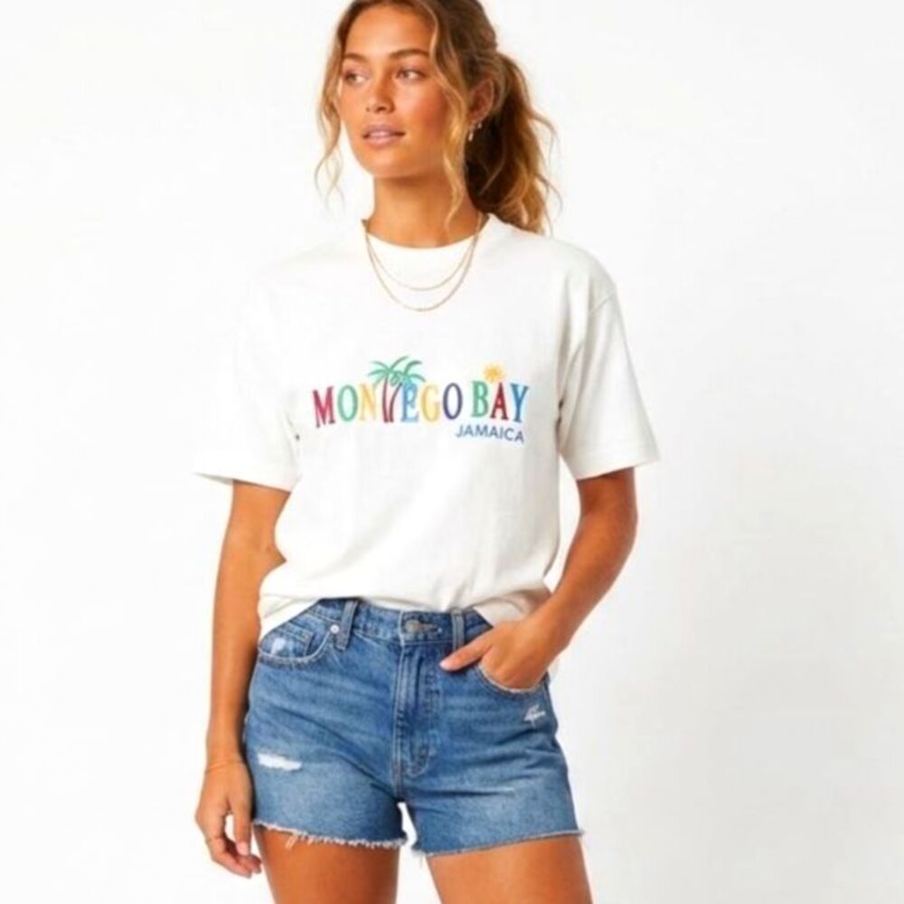 Reggae Tees White Montego Bay Jamaica Vibrant Embroidered SS VTG T-Shirt Size L